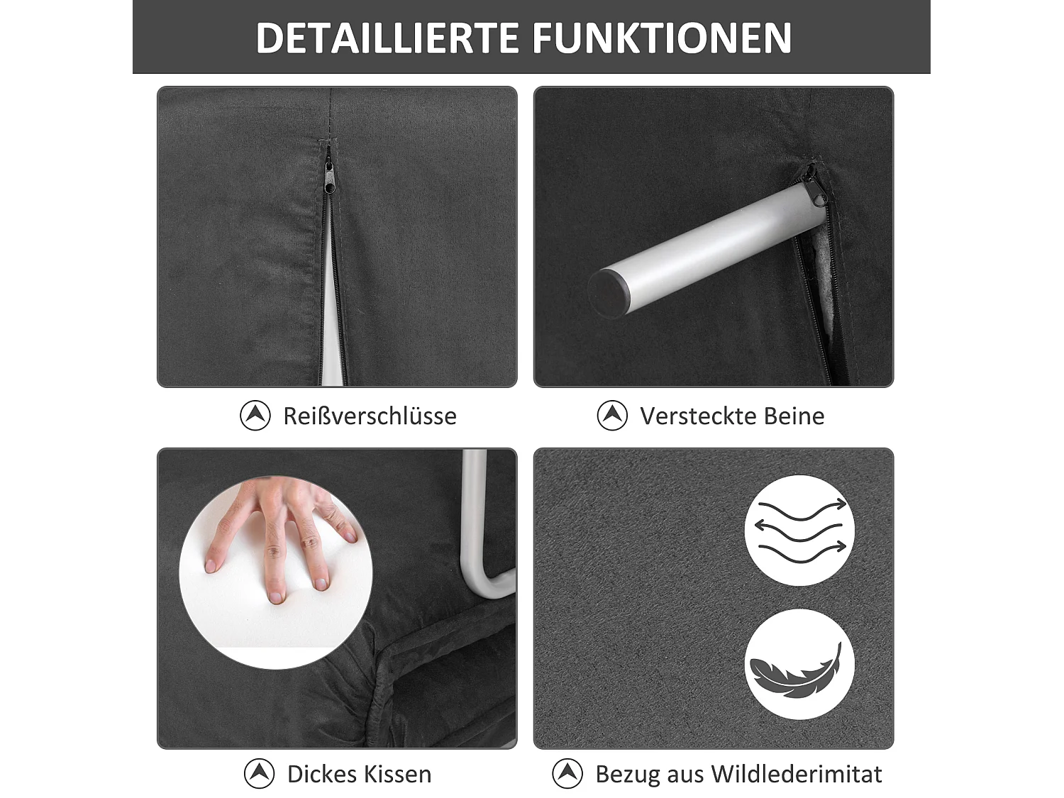 Canapé convertible 2 places avec accoudoirs, 3-en-1, fonction lit, matelas pliant, simili cuir, gris (111x80x78 cm)