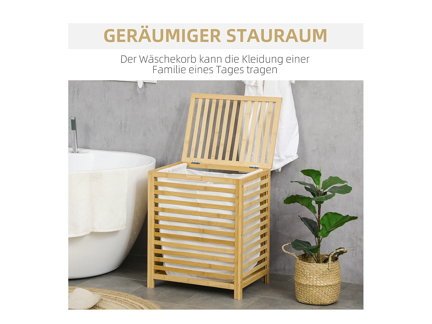 Panier à linge 55L avec sac amovible, bambou, naturel (50x36x60 cm)