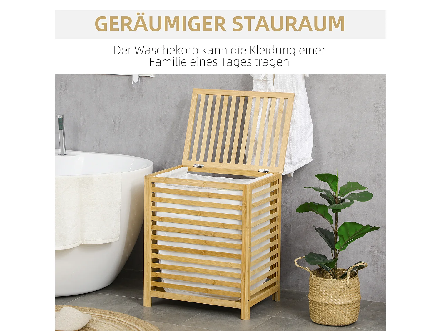 Panier à linge 55L avec sac amovible, bambou, naturel (50x36x60 cm)