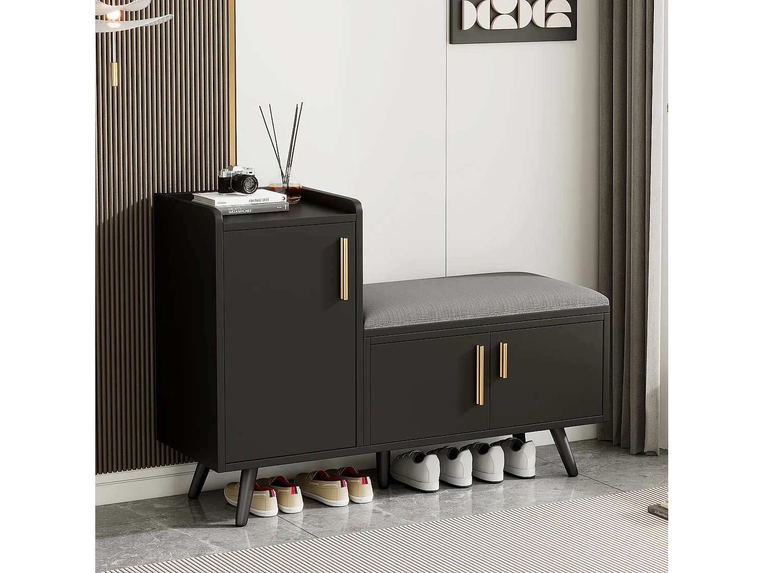 Banco de almacenaje moderno con respaldo, asiento de PU, 3 puertas de almacenaje, tiradores metálicos asimétricos, madera oscura (100x34x69 cm)