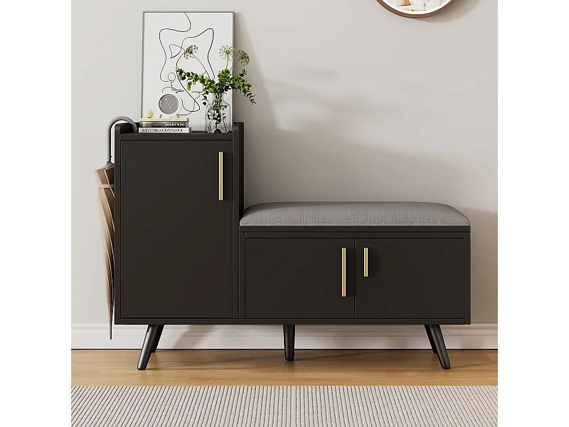 Banco de almacenaje moderno con respaldo, asiento de PU, 3 puertas de almacenaje, tiradores metálicos asimétricos, madera oscura (100x34x69 cm)