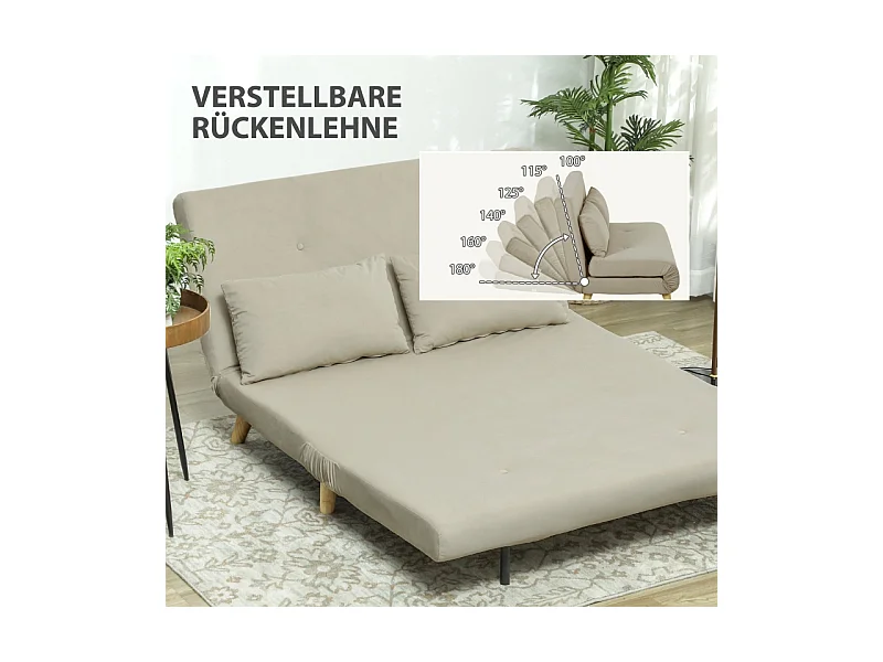 Canapé-lit 2 places avec fonction de lit, dossier réglable, tissu en velours, beige (130x78x79 cm)