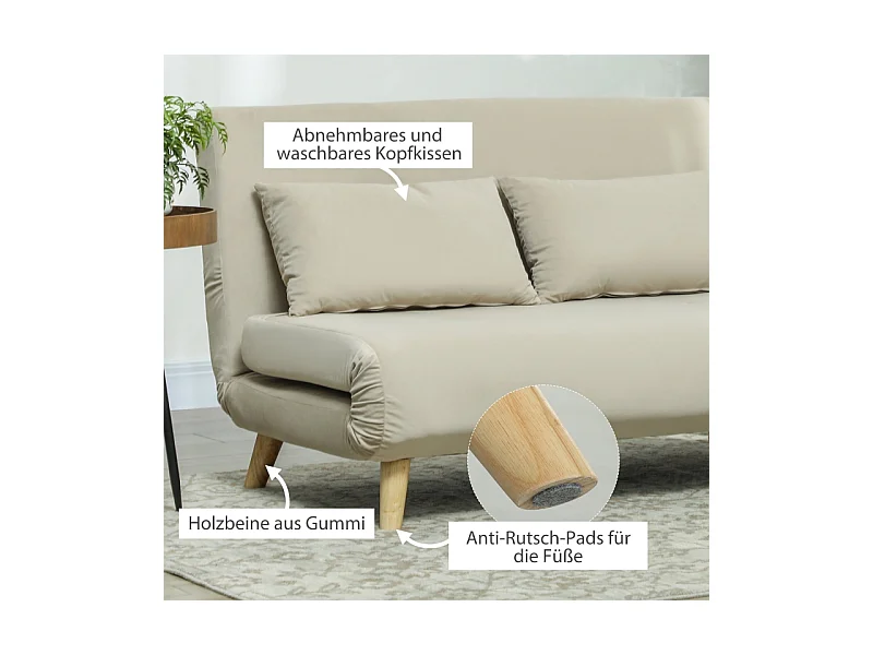 Canapé-lit 2 places avec fonction de lit, dossier réglable, tissu en velours, beige (130x78x79 cm)