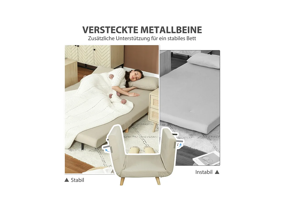 Canapé-lit 2 places avec fonction de lit, dossier réglable, tissu en velours, beige (130x78x79 cm)