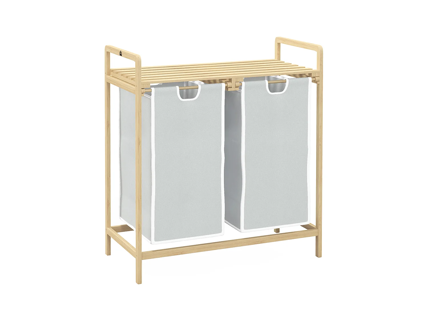 Panier à linge avec 2 sacs amovibles, bambou naturel, design compact et pratique, crème (63.5x33x73cm)