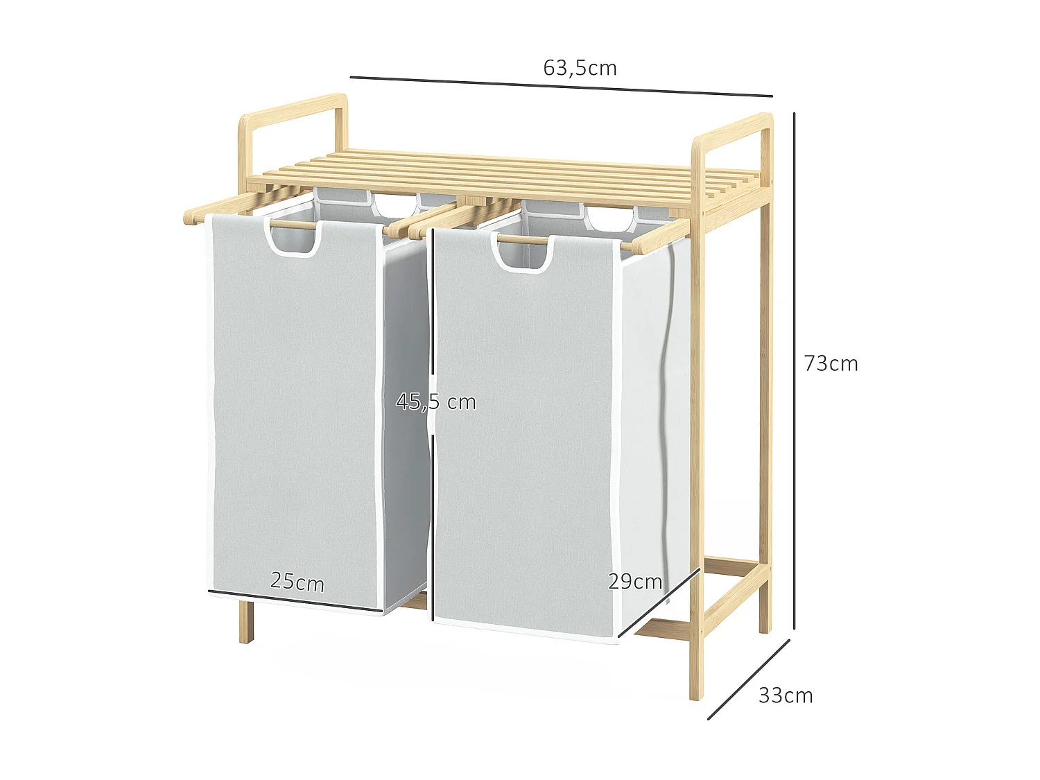 Panier à linge avec 2 sacs amovibles, bambou naturel, design compact et pratique, crème (63.5x33x73cm)