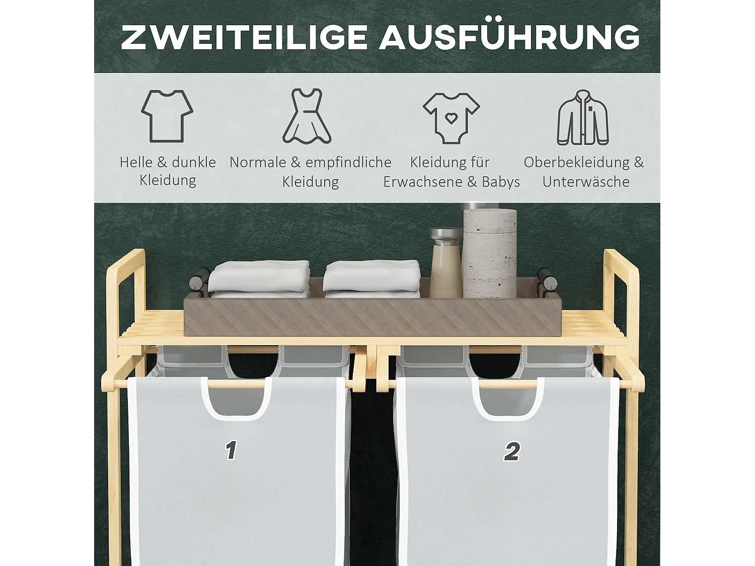 Panier à linge avec 2 sacs amovibles, bambou naturel, design compact et pratique, crème (63.5x33x73cm)