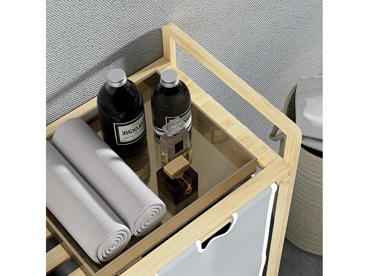 Panier à linge avec 2 sacs amovibles, bambou naturel, design compact et pratique, crème (63.5x33x73cm)