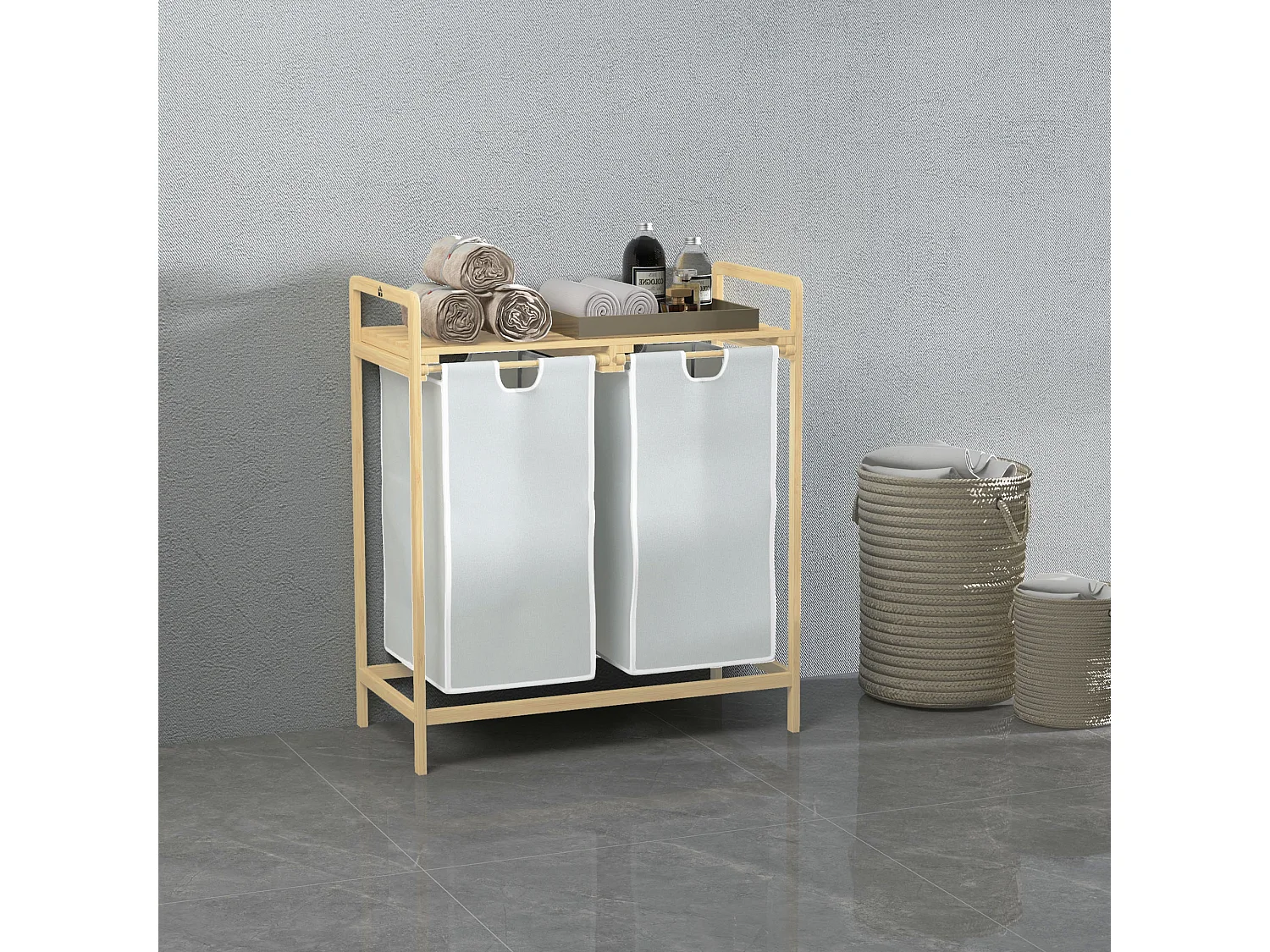 Panier à linge avec 2 sacs amovibles, bambou naturel, design compact et pratique, crème (63.5x33x73cm)