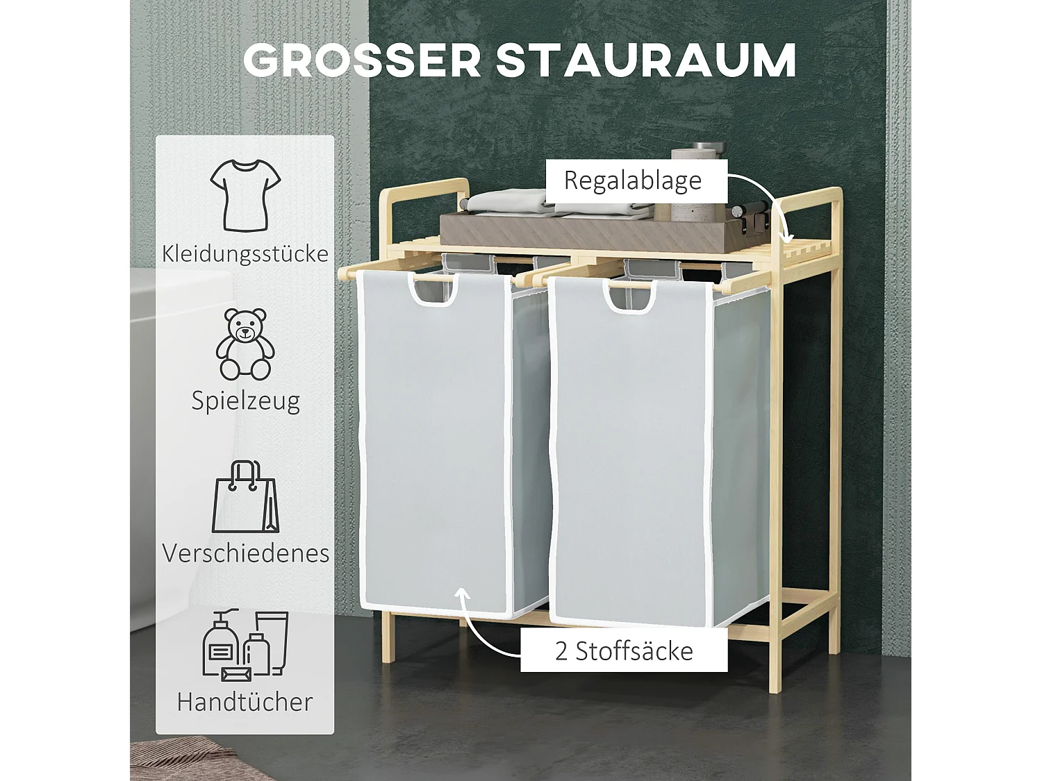 Panier à linge avec 2 sacs amovibles, bambou naturel, design compact et pratique, crème (63.5x33x73cm)