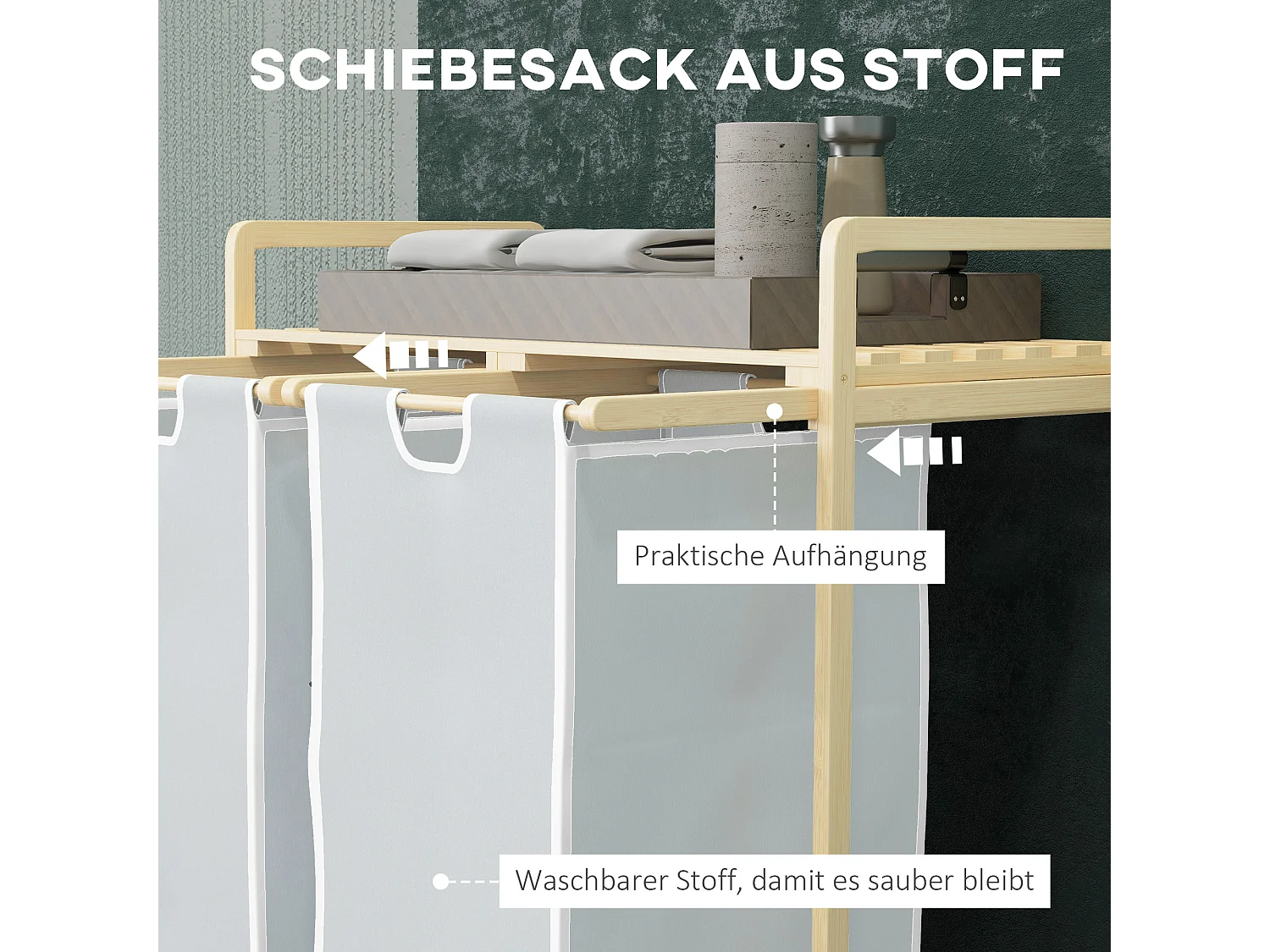 Panier à linge avec 2 sacs amovibles, bambou naturel, design compact et pratique, crème (63.5x33x73cm)