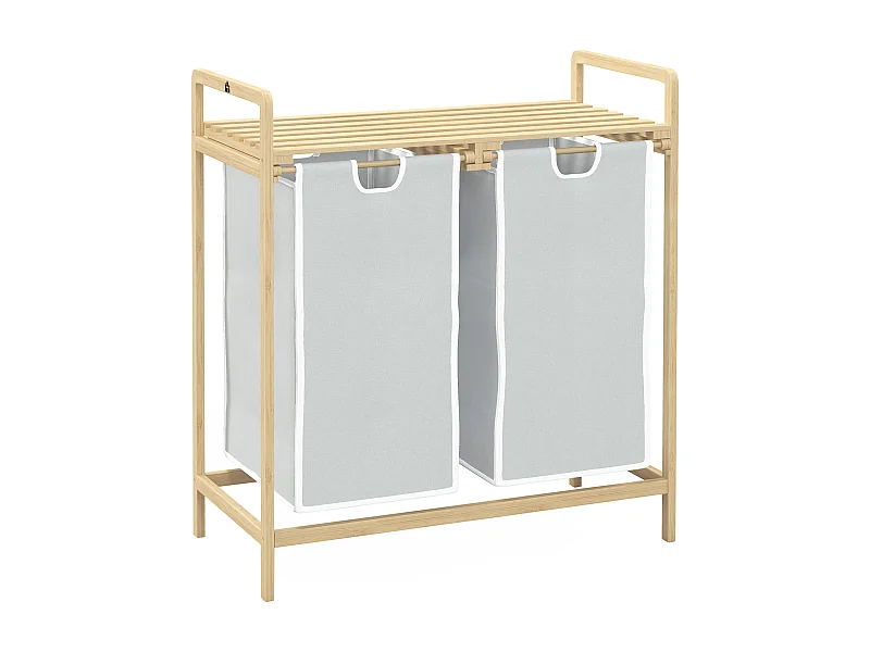 Wasmand met 2 uitneembare zakken, natuurlijk bamboe, compact en praktisch design, crème (63,5x33x73cm)