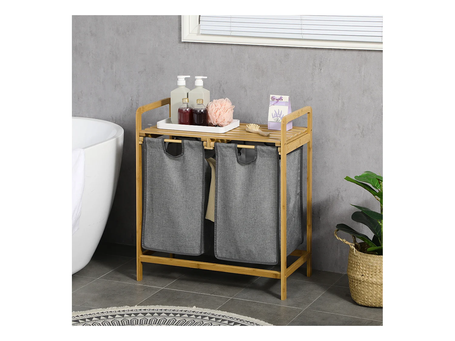 Wasmand met 2 uitneembare zakken, grijze en natuurlijke bamboe plank, groot volume (63,5x33x73cm)