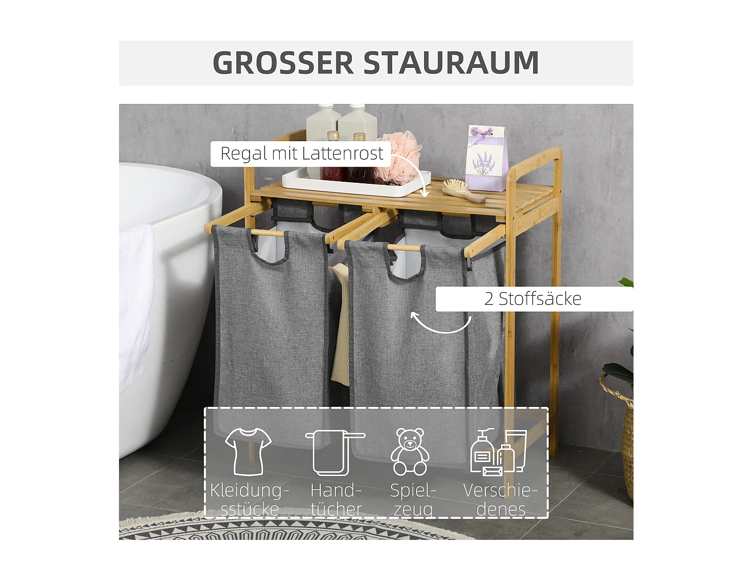 Wasmand met 2 uitneembare zakken, grijze en natuurlijke bamboe plank, groot volume (63,5x33x73cm)