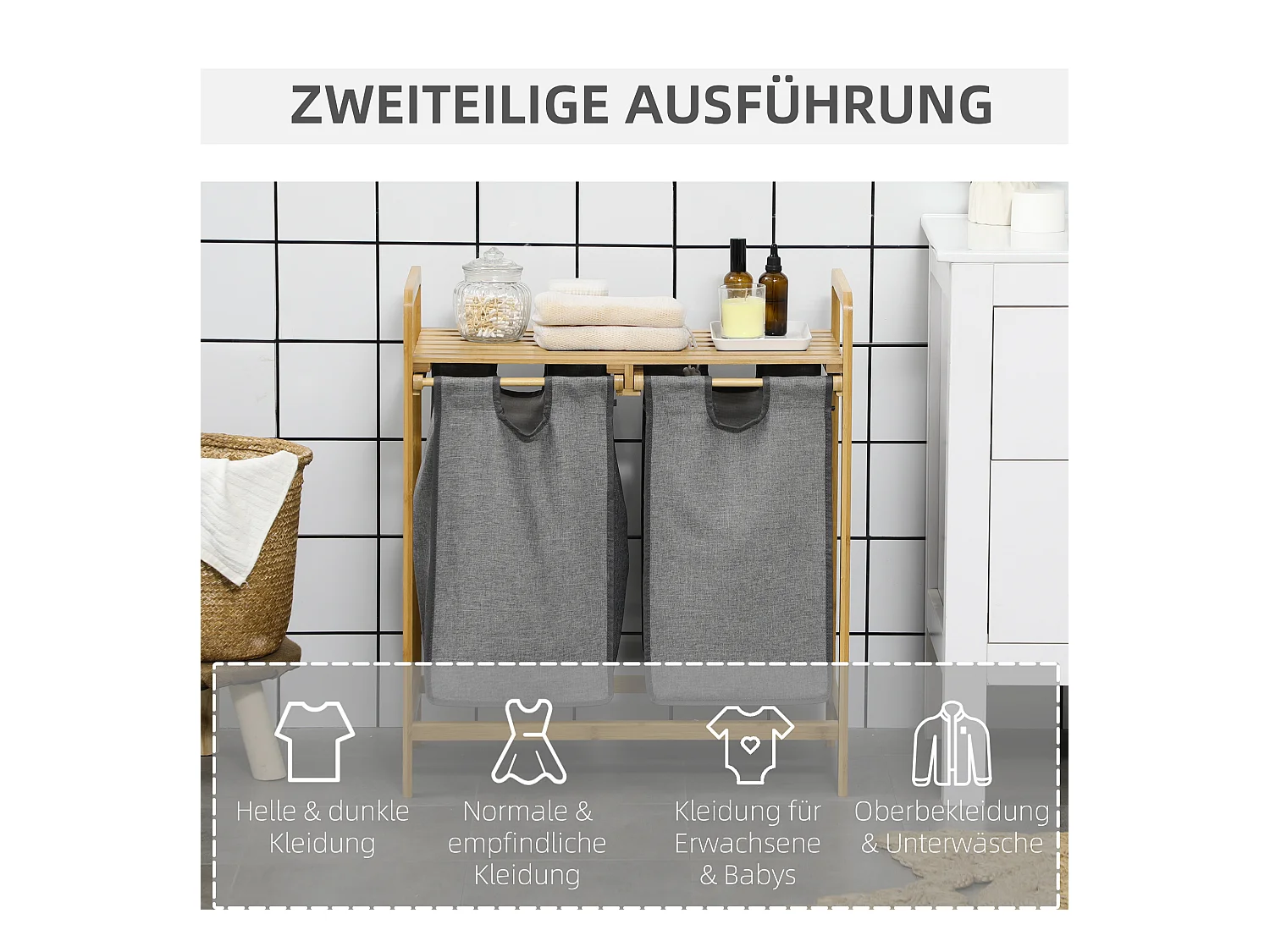 Wasmand met 2 uitneembare zakken, grijze en natuurlijke bamboe plank, groot volume (63,5x33x73cm)