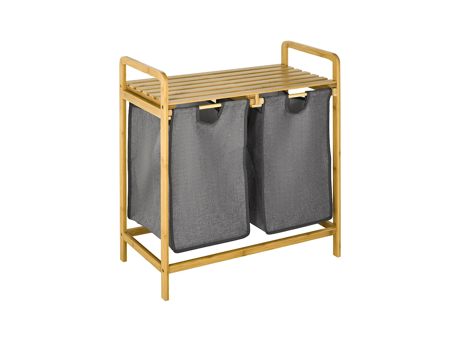 Panier à linge avec 2 sacs amovibles, étagère en bambou gris et naturel, grand volume (63.5x33x73cm)