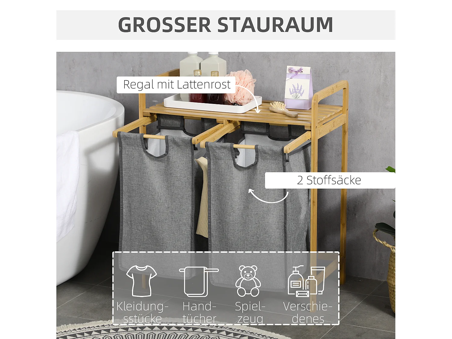 Panier à linge avec 2 sacs amovibles, étagère en bambou gris et naturel, grand volume (63.5x33x73cm)