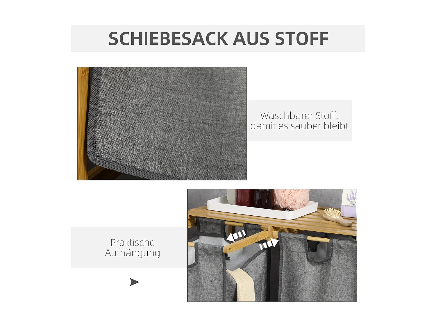 Panier à linge avec 2 sacs amovibles, étagère en bambou gris et naturel, grand volume (63.5x33x73cm)