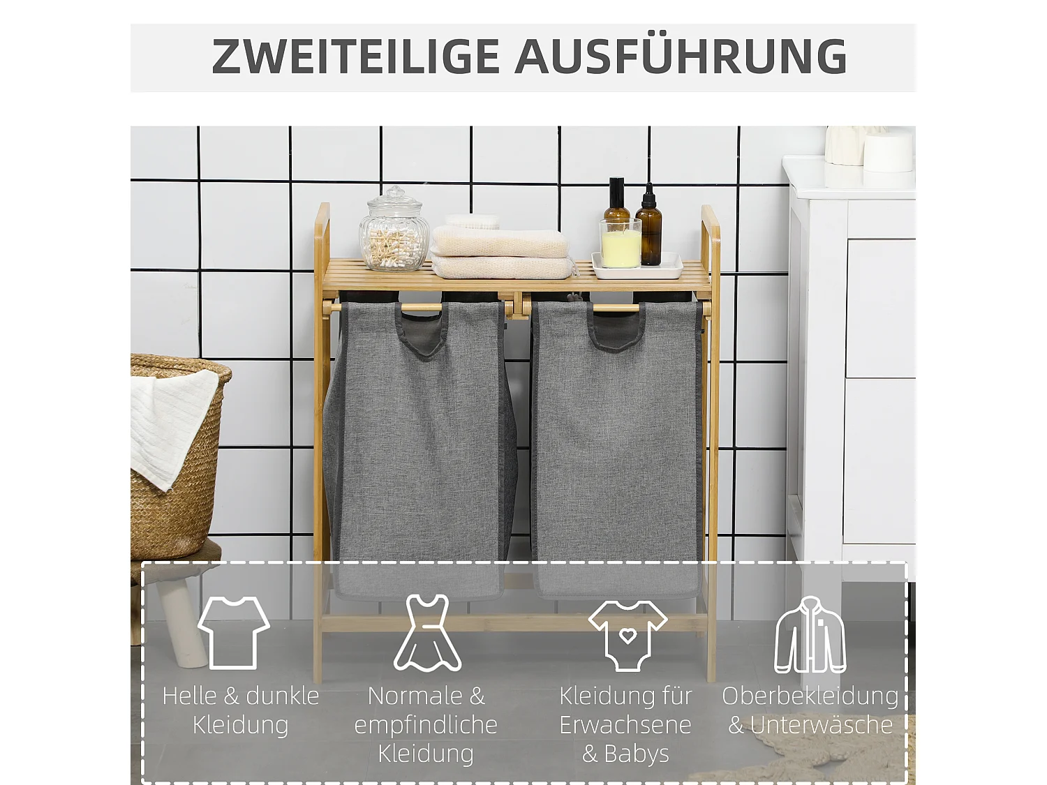 Panier à linge avec 2 sacs amovibles, étagère en bambou gris et naturel, grand volume (63.5x33x73cm)