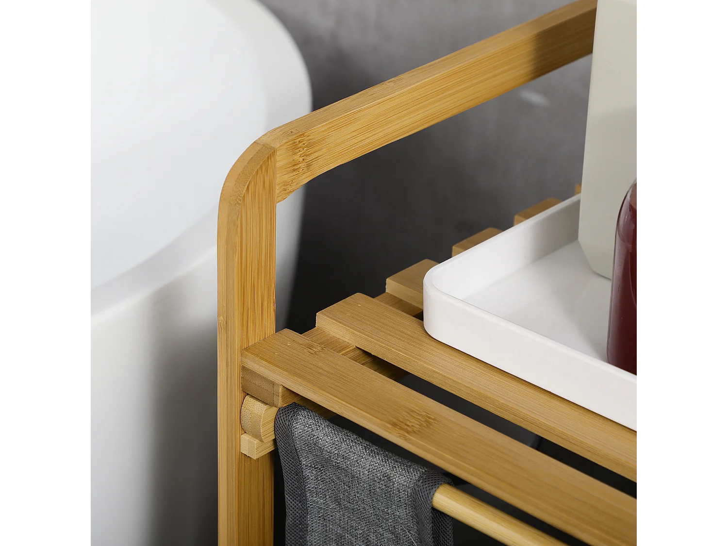 Panier à linge avec 2 sacs amovibles, étagère en bambou gris et naturel, grand volume (63.5x33x73cm)