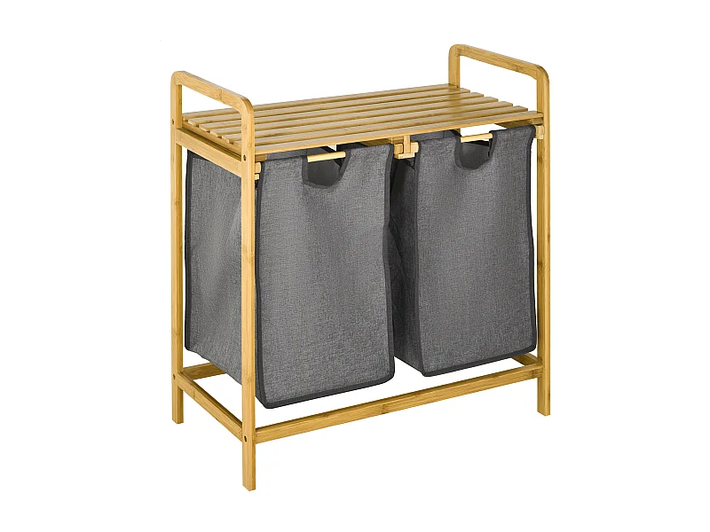 Panier à linge avec 2 sacs amovibles, étagère en bambou gris et naturel, grand volume (63.5x33x73cm)