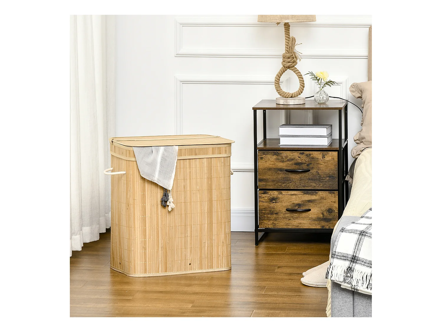 Panier à linge en bambou avec couvercle, 2 compartiments, 90L, avec sac amovible, naturel (54.2x35.2x59.5 cm)