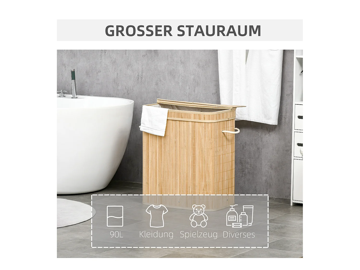 Panier à linge en bambou avec couvercle, 2 compartiments, 90L, avec sac amovible, naturel (54.2x35.2x59.5 cm)