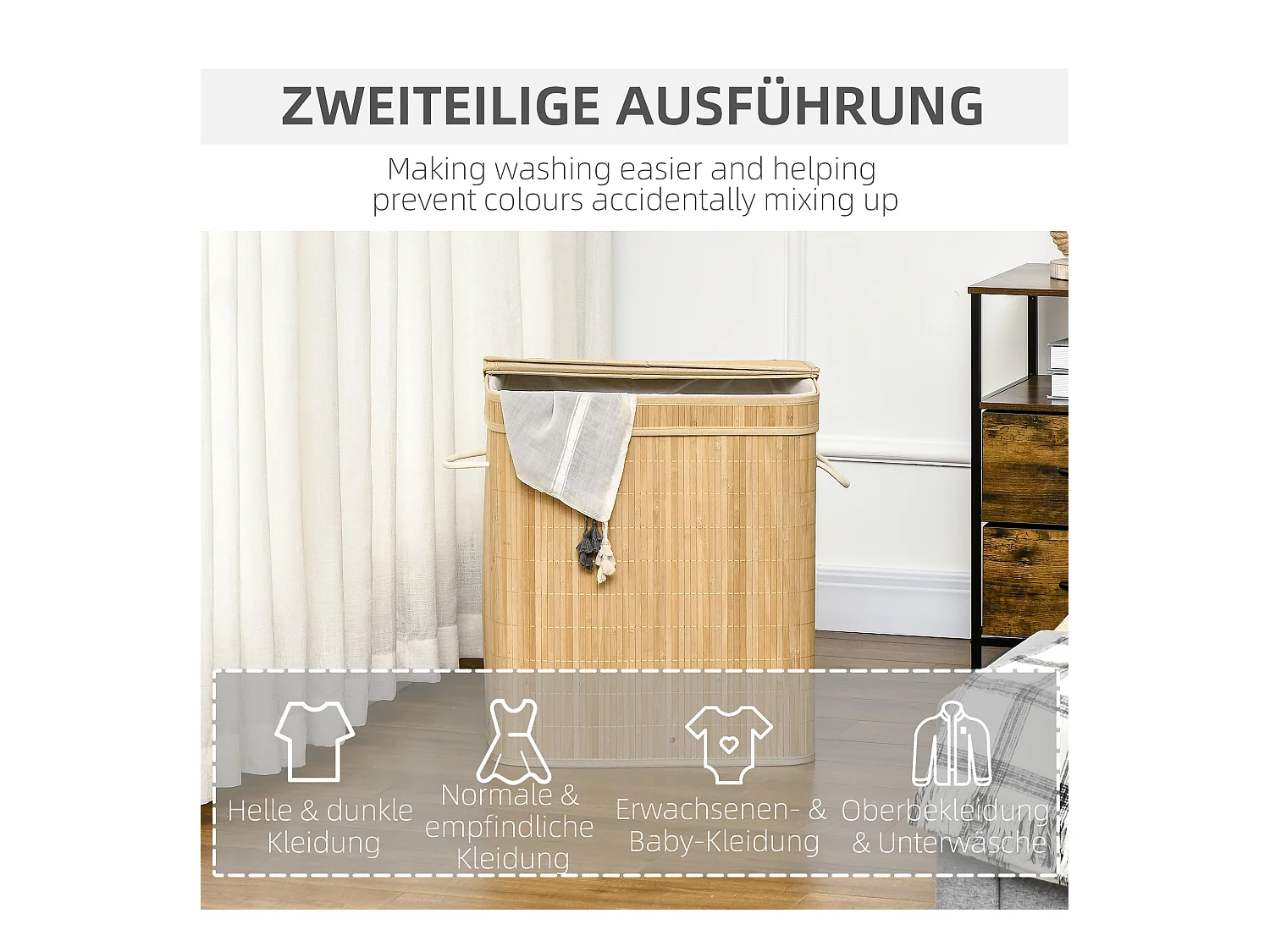 Panier à linge en bambou avec couvercle, 2 compartiments, 90L, avec sac amovible, naturel (54.2x35.2x59.5 cm)