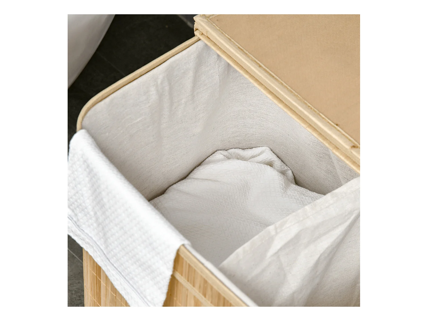 Panier à linge en bambou avec couvercle, 2 compartiments, 90L, avec sac amovible, naturel (54.2x35.2x59.5 cm)