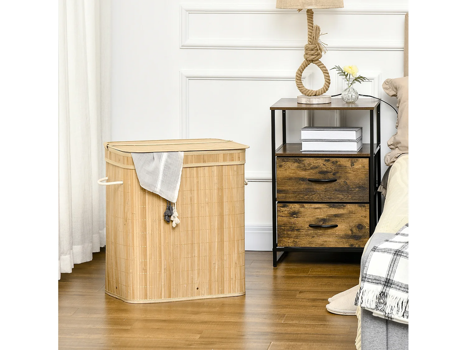 Panier à linge en bambou avec couvercle, 2 compartiments, 90L, avec sac amovible, naturel (54.2x35.2x59.5 cm)