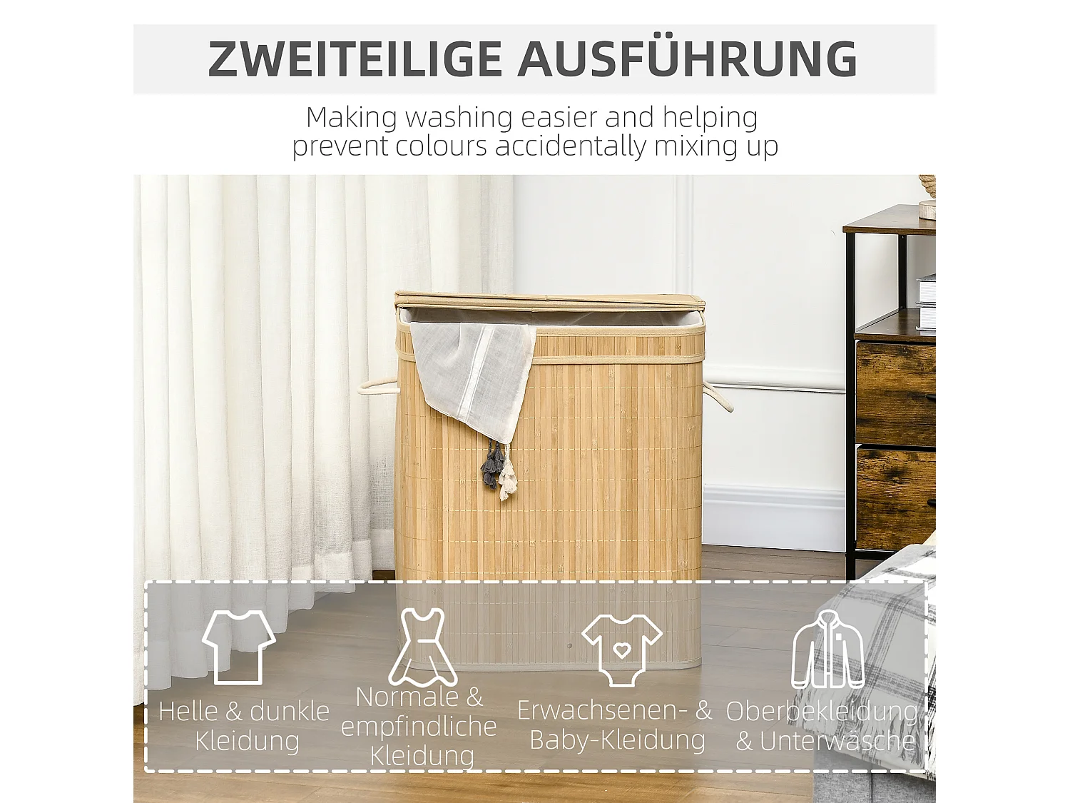 Panier à linge en bambou avec couvercle, 2 compartiments, 90L, avec sac amovible, naturel (54.2x35.2x59.5 cm)