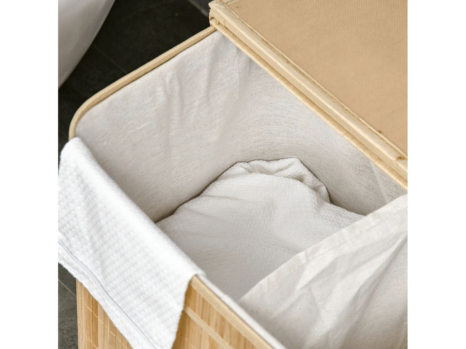 Panier à linge en bambou avec couvercle, 2 compartiments, 90L, avec sac amovible, naturel (54.2x35.2x59.5 cm)