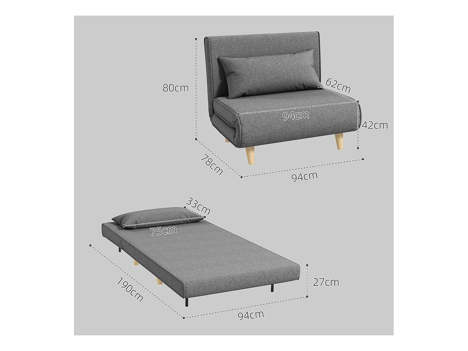 Canapé-lit avec dossier réglable, design scandinave, en lin, gris (95x95x80 cm)