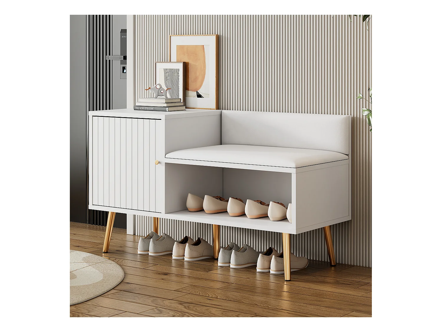 Banc de rangement moderne avec dossier, assise en PU et 3 portes de rangement, pieds métalliques, blanc (100x34x58 cm)