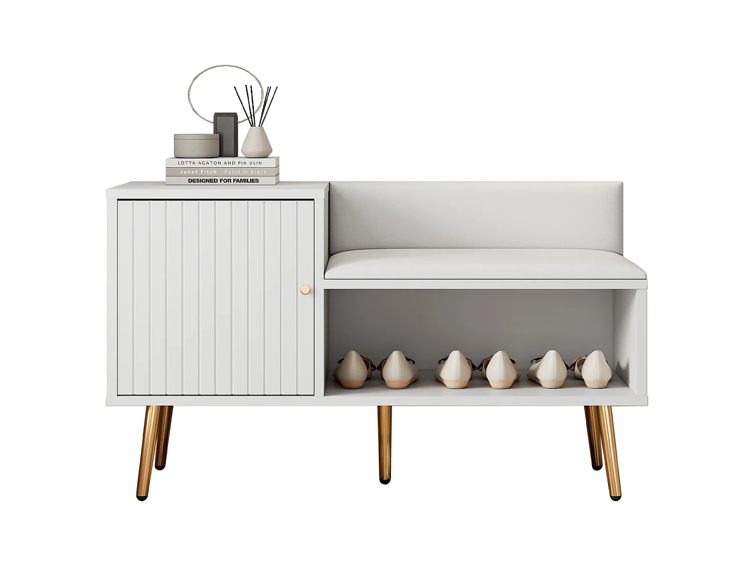 Banc de rangement moderne avec dossier, assise en PU et 3 portes de rangement, pieds métalliques, blanc (100x34x58 cm)