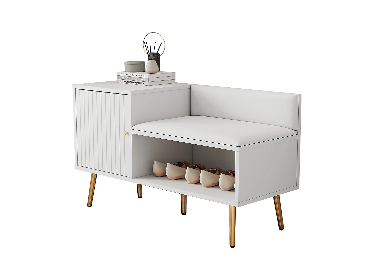 Banc de rangement moderne avec dossier, assise en PU et 3 portes de rangement, pieds métalliques, blanc (100x34x58 cm)
