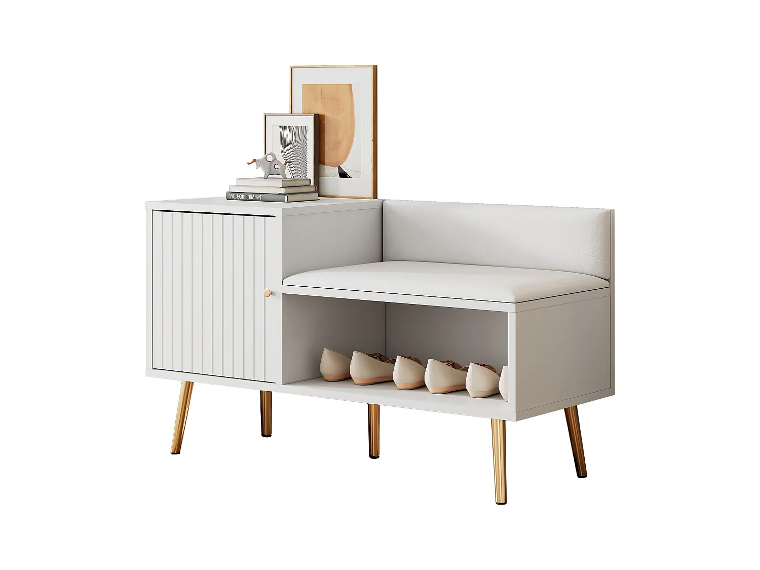 Banc de rangement moderne avec dossier, assise en PU et 3 portes de rangement, pieds métalliques, blanc (100x34x58 cm)