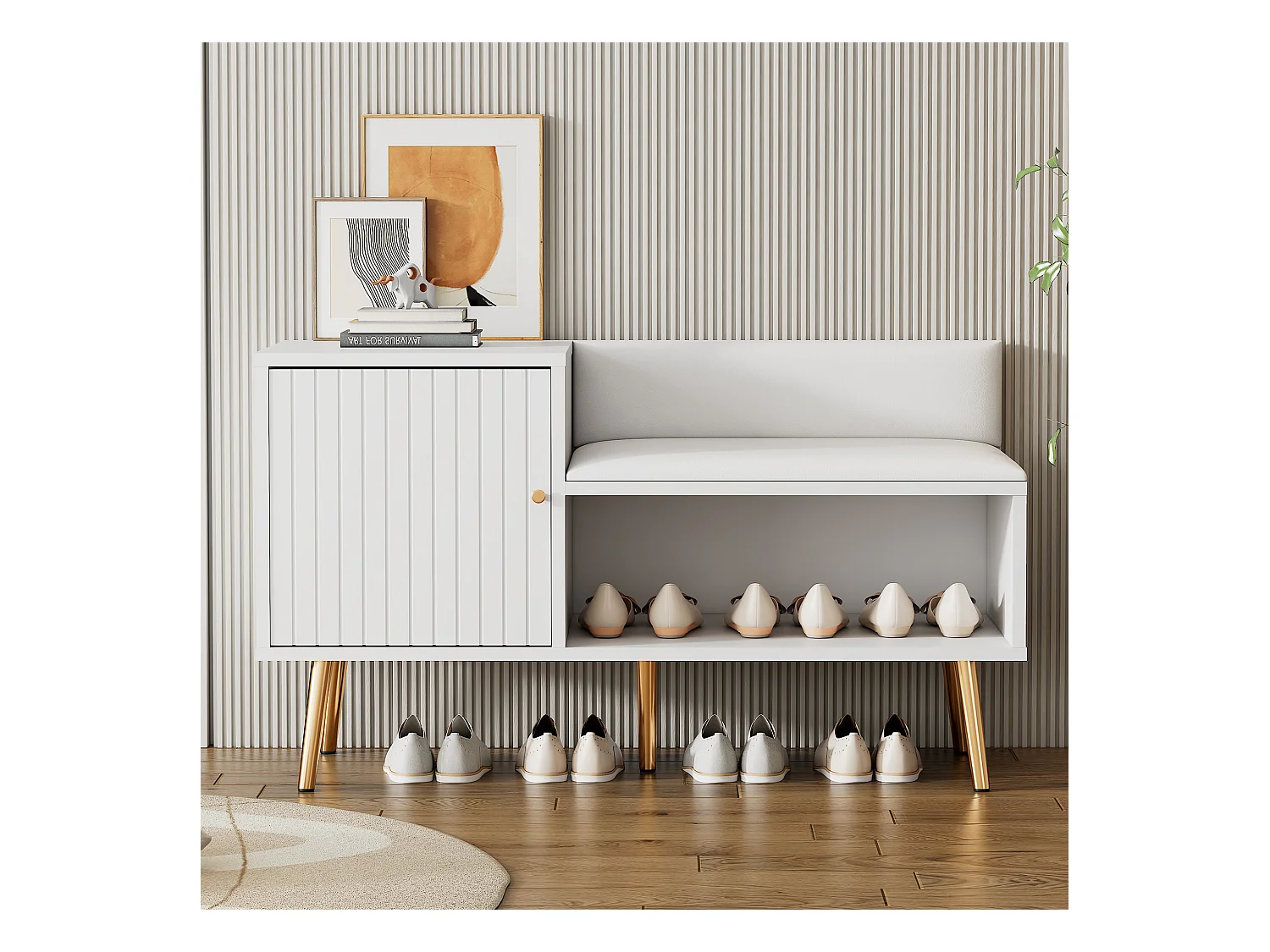 Banc de rangement moderne avec dossier, assise en PU et 3 portes de rangement, pieds métalliques, blanc (100x34x58 cm)