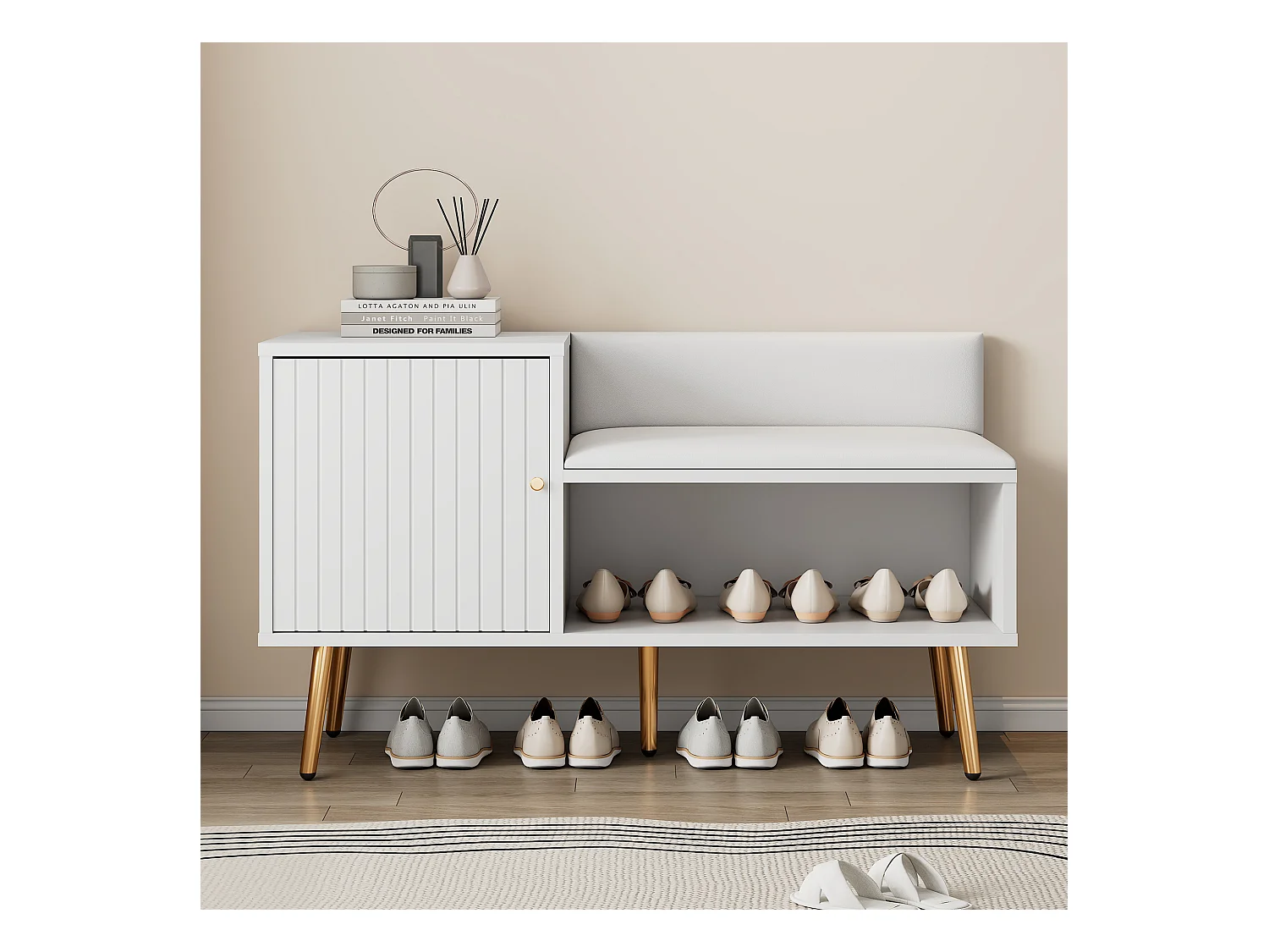 Banc de rangement moderne avec dossier, assise en PU et 3 portes de rangement, pieds métalliques, blanc (100x34x58 cm)