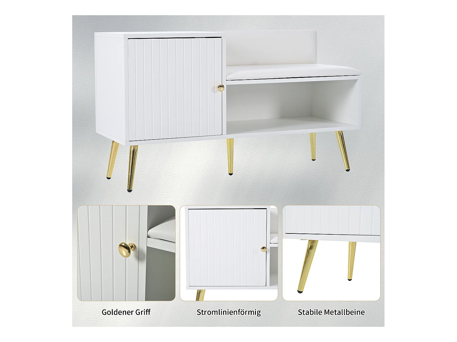 Banc de rangement moderne avec dossier, assise en PU et 3 portes de rangement, pieds métalliques, blanc (100x34x58 cm)