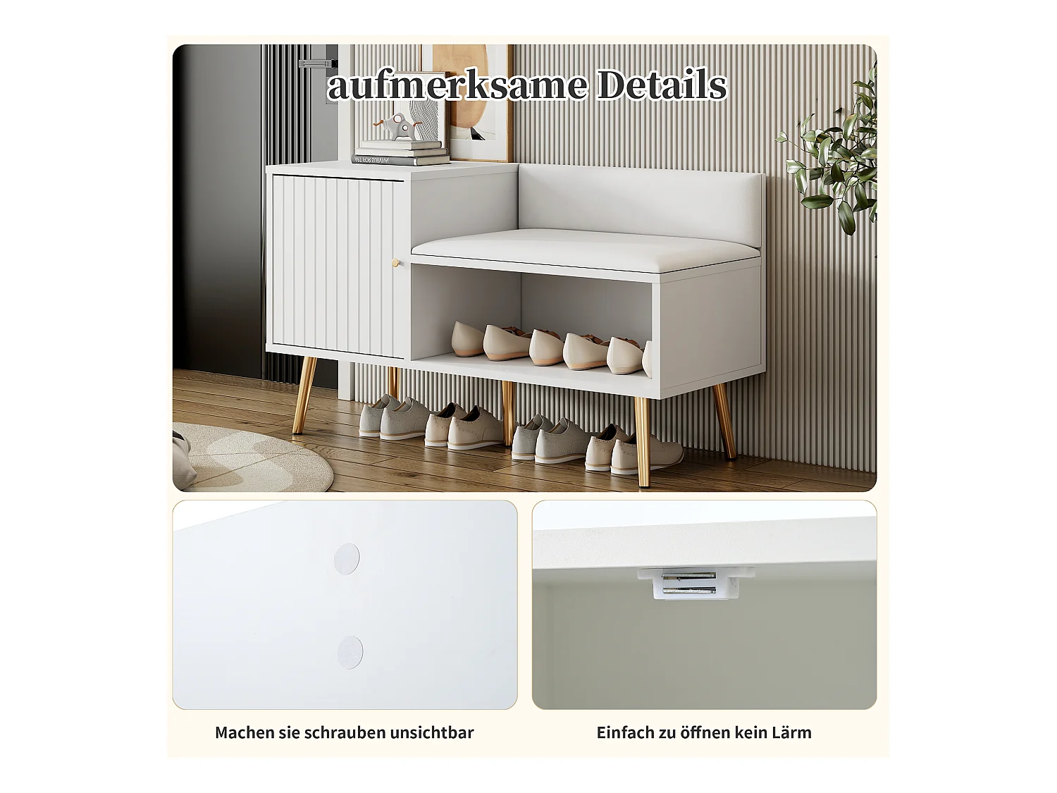 Banc de rangement moderne avec dossier, assise en PU et 3 portes de rangement, pieds métalliques, blanc (100x34x58 cm)