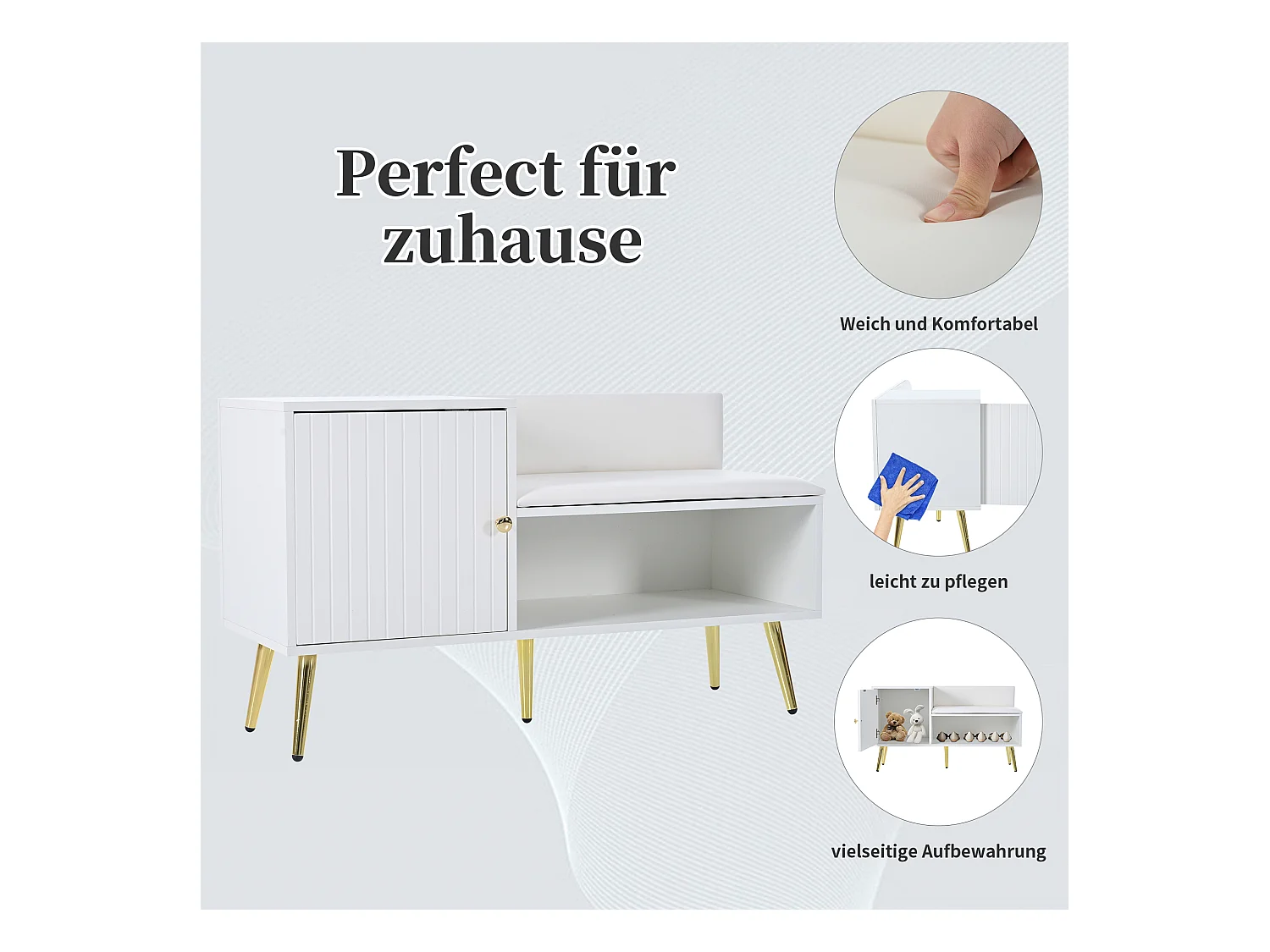 Banc de rangement moderne avec dossier, assise en PU et 3 portes de rangement, pieds métalliques, blanc (100x34x58 cm)