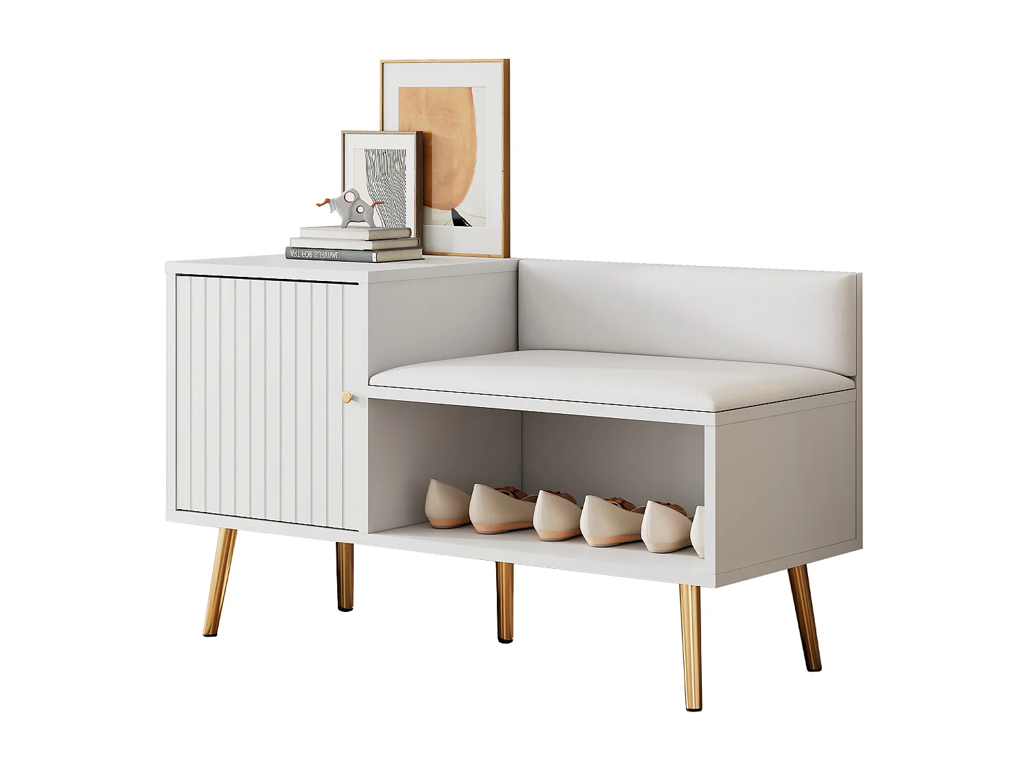 Panca contenitore moderna con schienale, seduta in PU e 3 ante contenitore, gambe in metallo, bianco (100x34x58 cm)