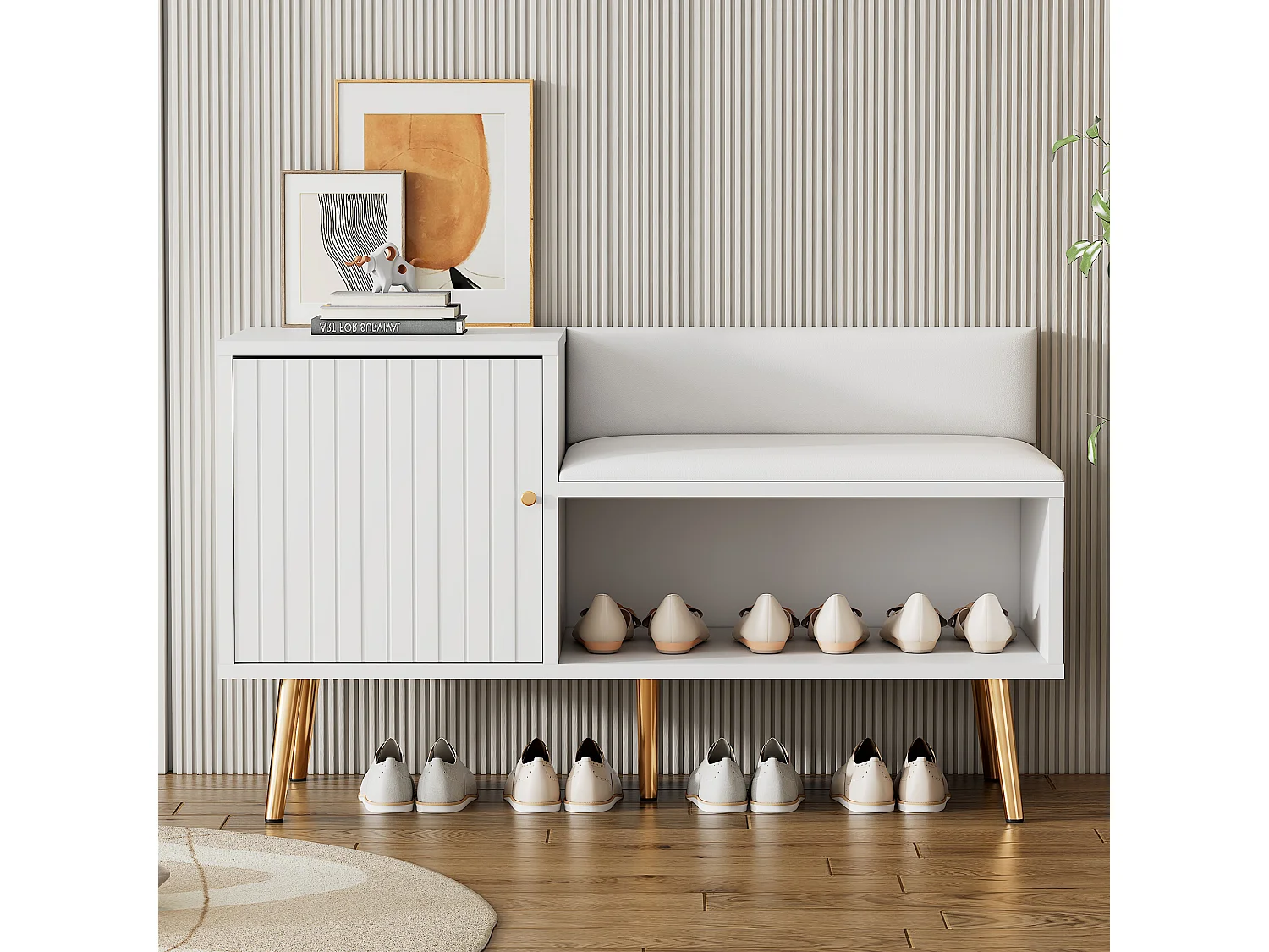 Panca contenitore moderna con schienale, seduta in PU e 3 ante contenitore, gambe in metallo, bianco (100x34x58 cm)