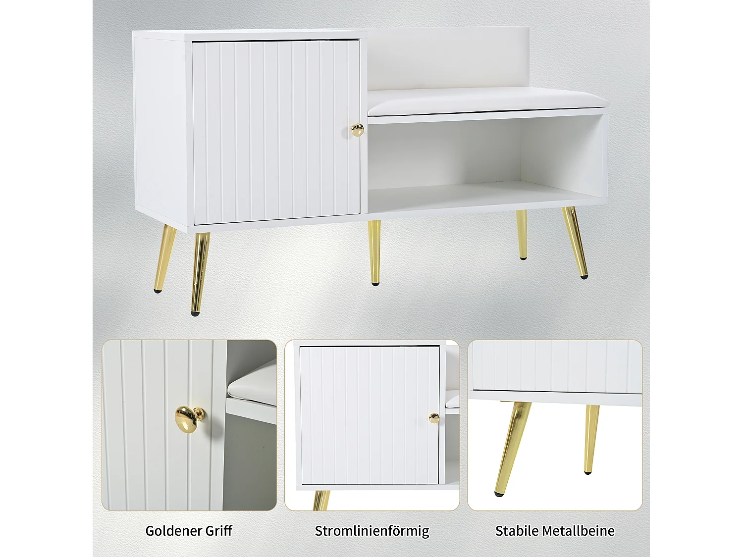 Panca contenitore moderna con schienale, seduta in PU e 3 ante contenitore, gambe in metallo, bianco (100x34x58 cm)