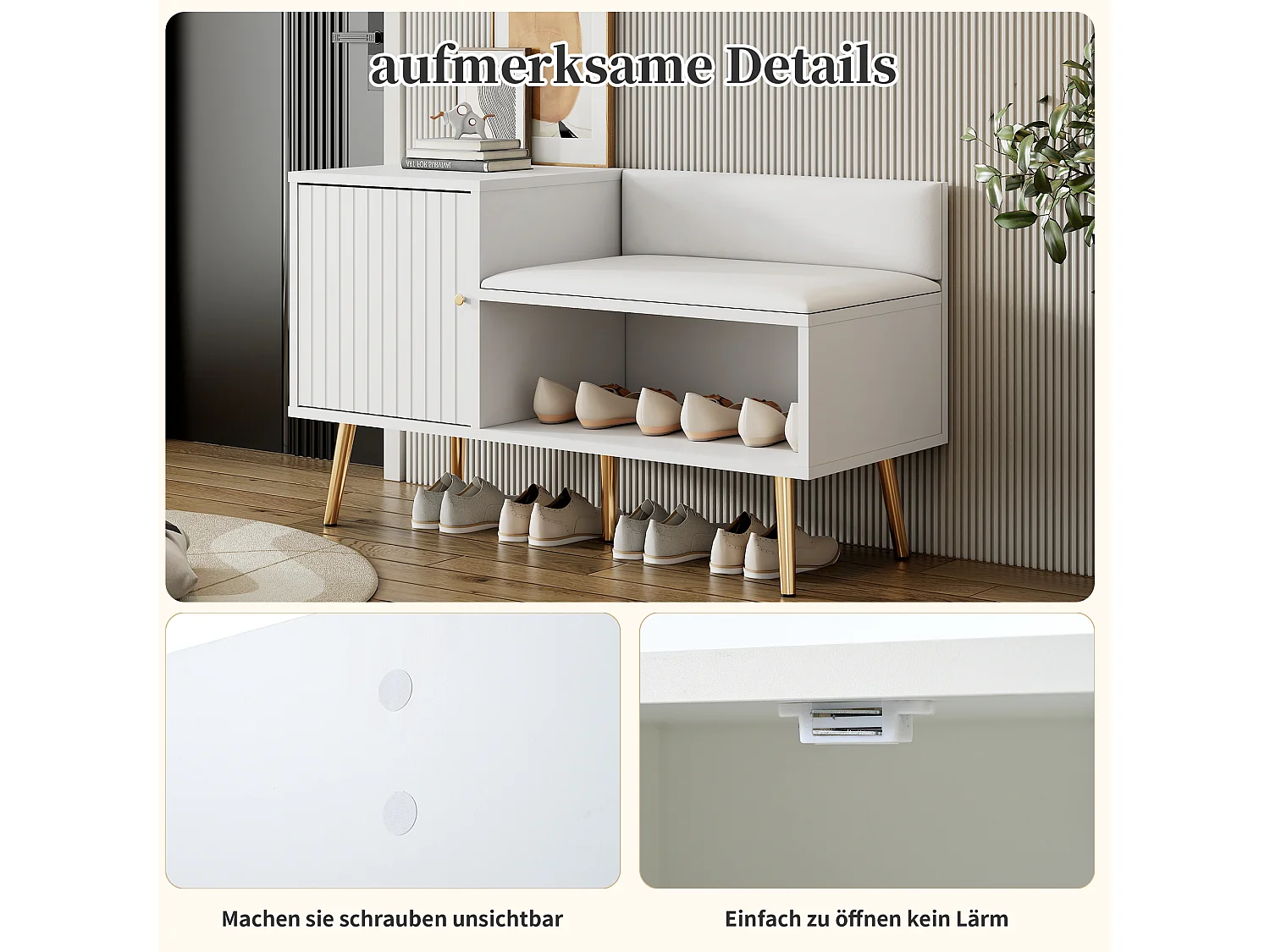 Panca contenitore moderna con schienale, seduta in PU e 3 ante contenitore, gambe in metallo, bianco (100x34x58 cm)