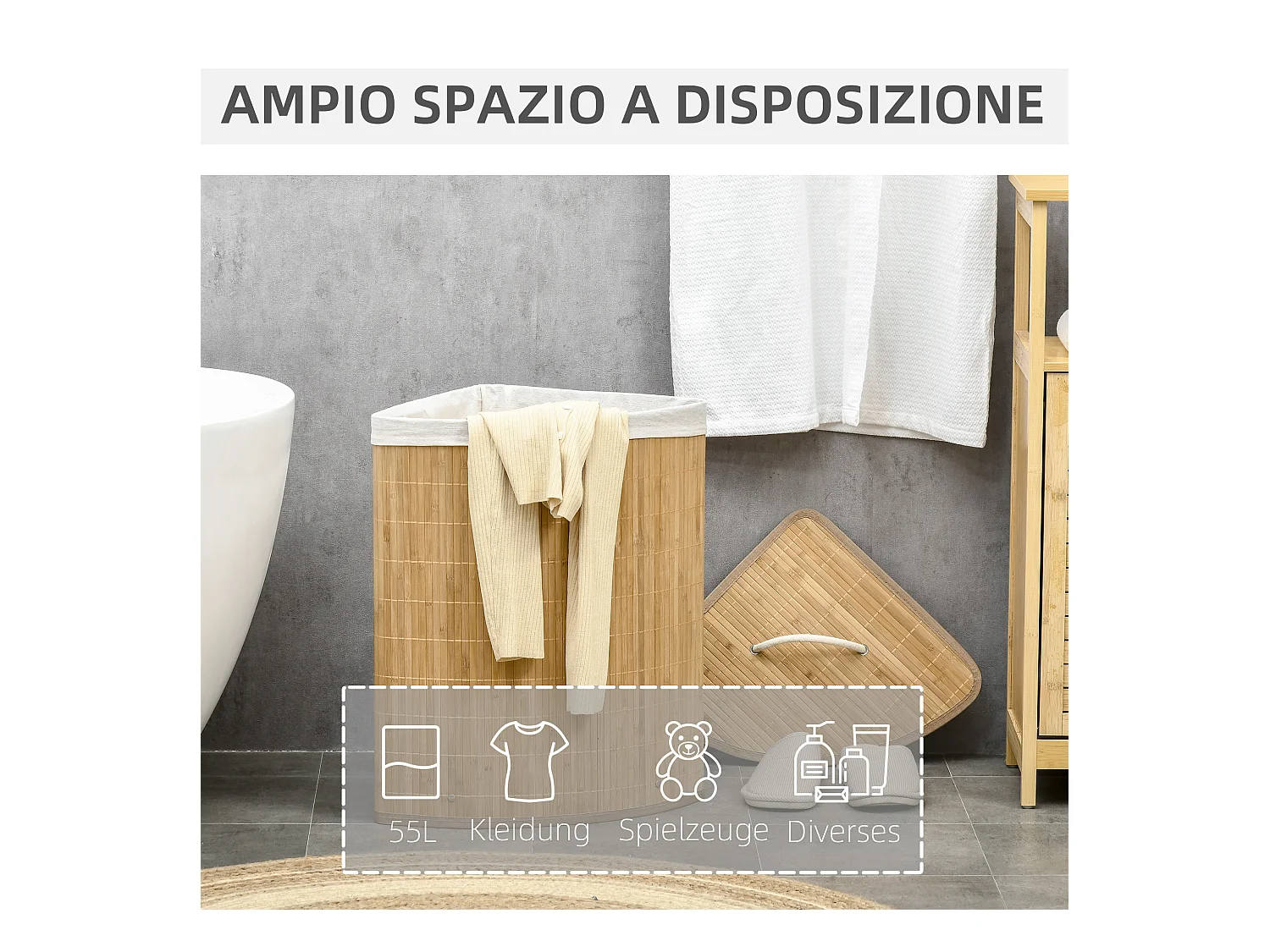 Wäschekorb aus Bambus mit Deckel und herausnehmbarem Beutel, Naturholz und Weiß (38 x 38 x 57 cm)