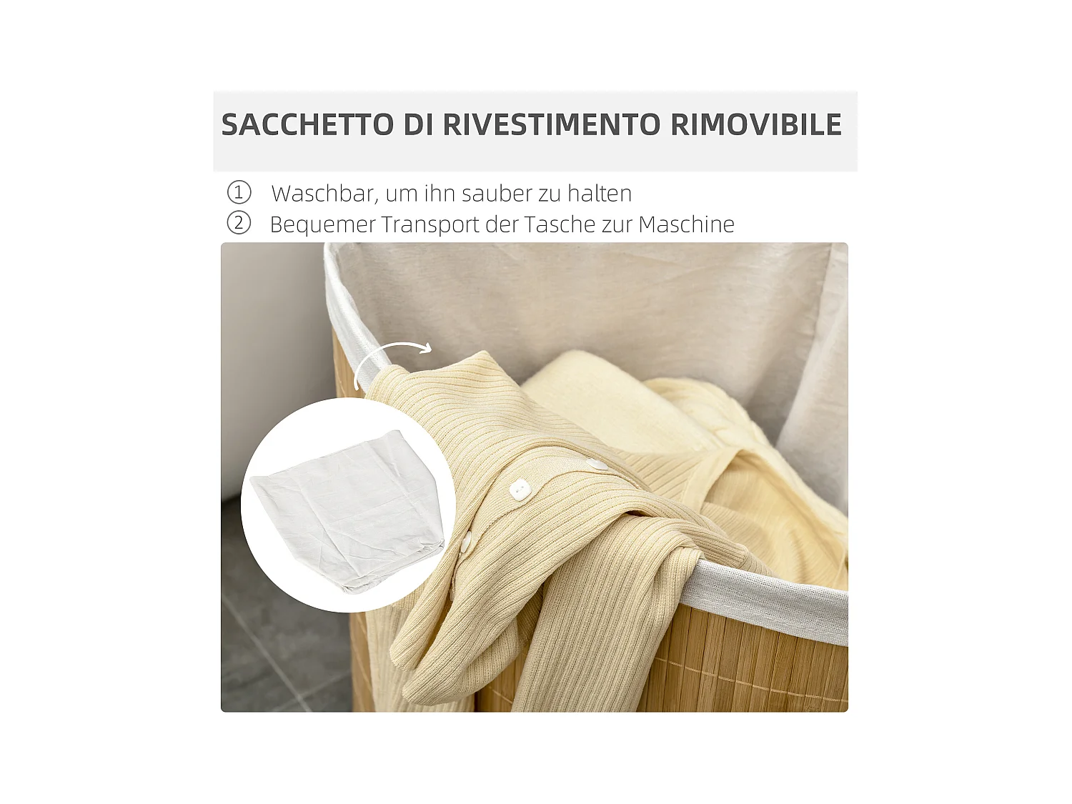 Wäschekorb aus Bambus mit Deckel und herausnehmbarem Beutel, Naturholz und Weiß (38 x 38 x 57 cm)