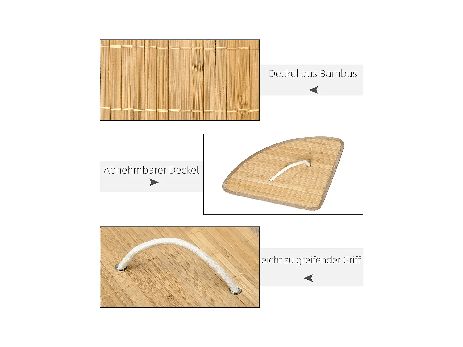 Wäschekorb aus Bambus mit Deckel und herausnehmbarem Beutel, Naturholz und Weiß (38 x 38 x 57 cm)
