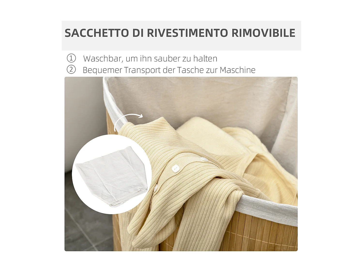 Panier à linge en bambou avec couvercle et sac amovible, bois naturel et blanc (38x38x57cm)